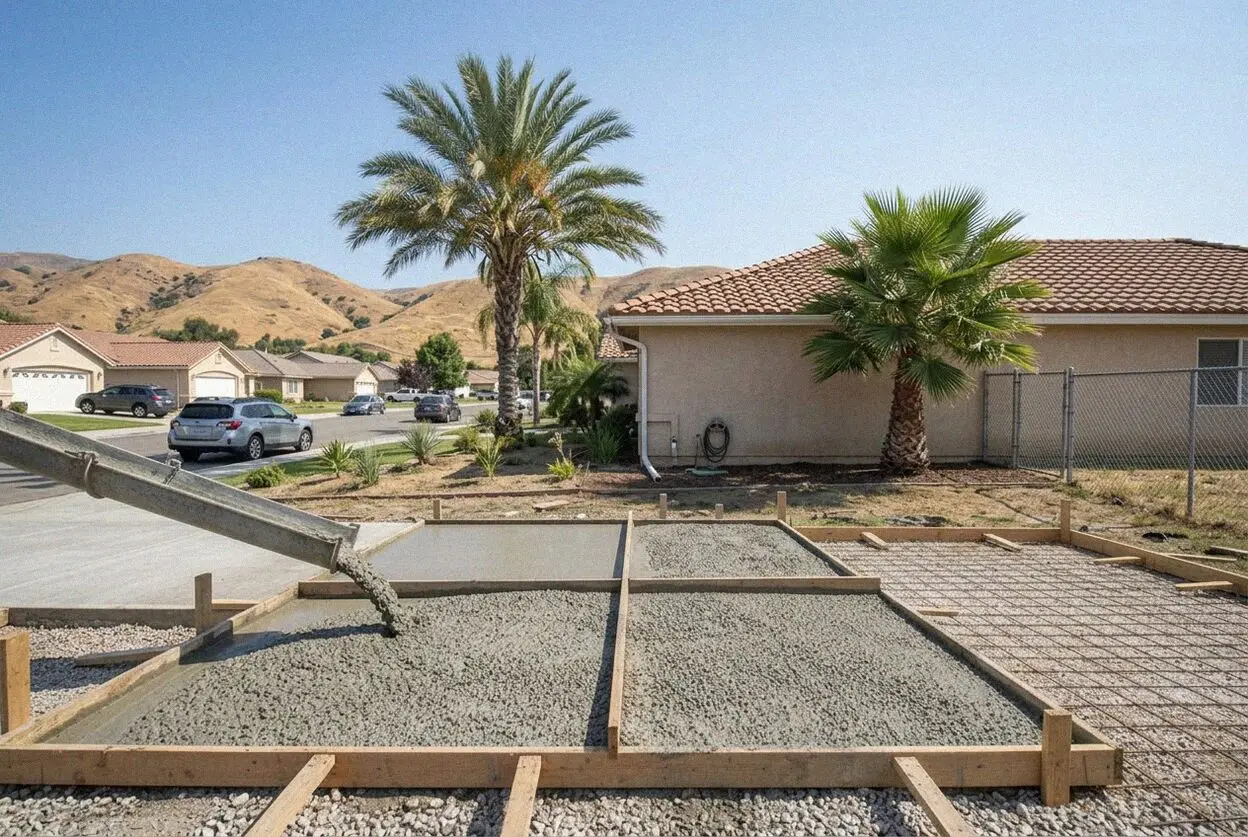 A concrete driveway on a sloping hillside lot in Chino Hills
