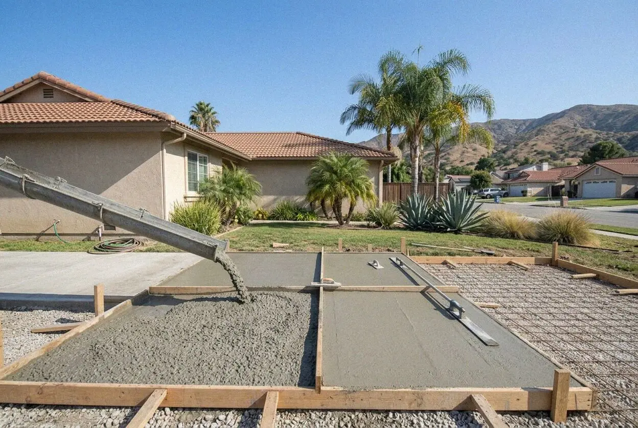 A concrete crew finishing a driveway slab on a tract street in Chino, CA