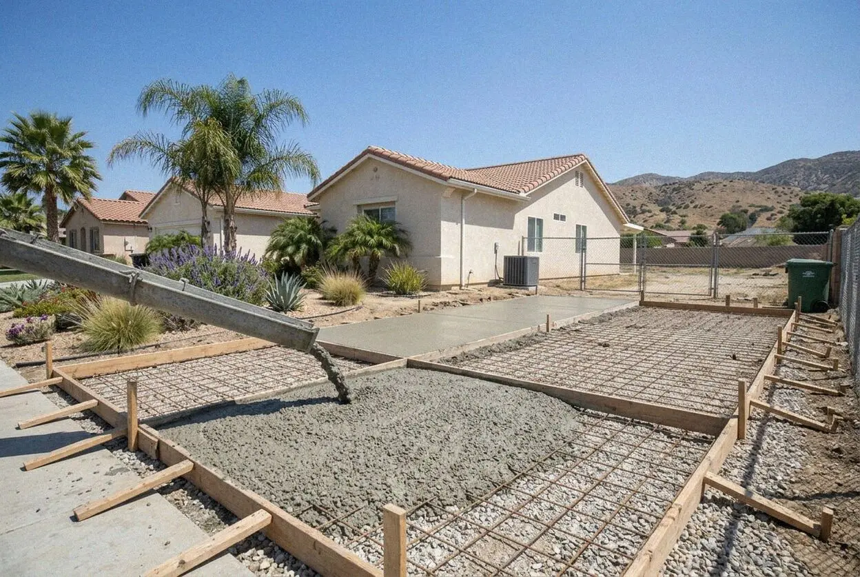 A newly poured concrete driveway at a 1970s home in Grand Terrace