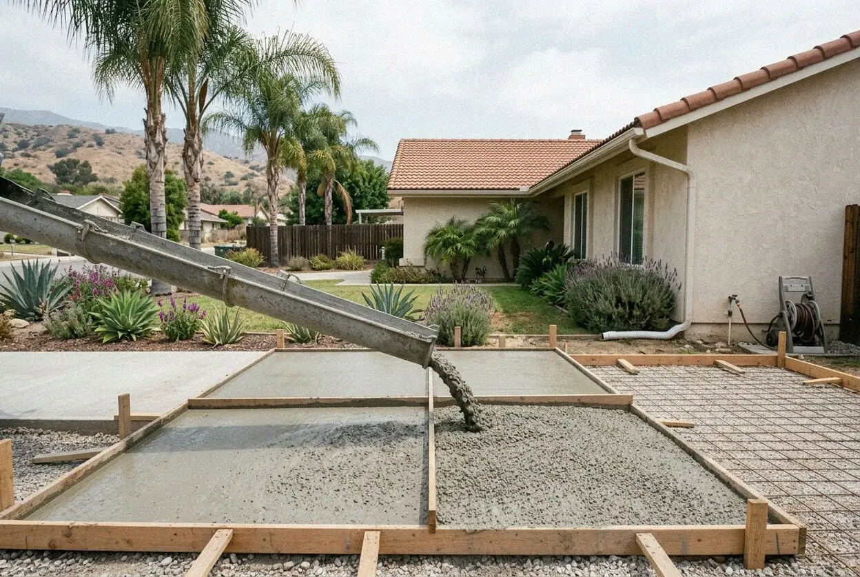 A new concrete driveway and front walk at a 1970s home in La Verne
