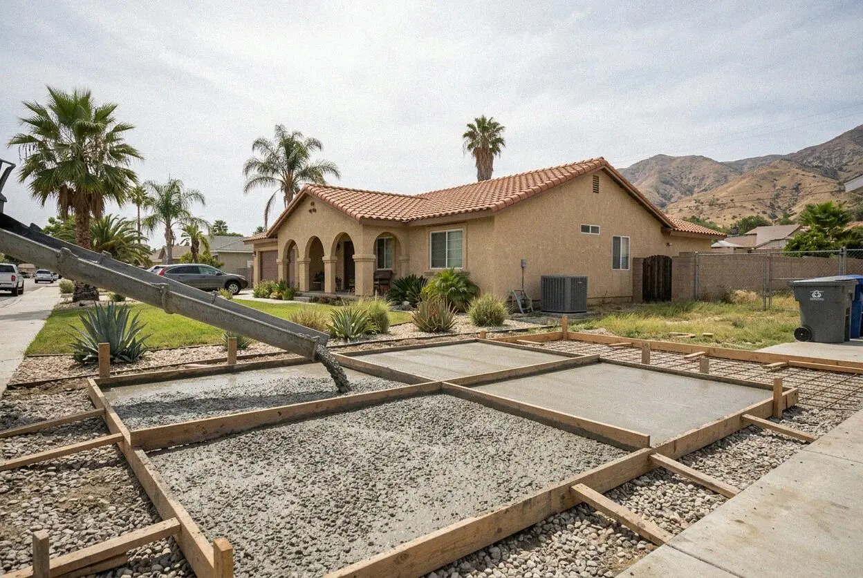 A concrete driveway under construction on a sloping Loma Linda lot