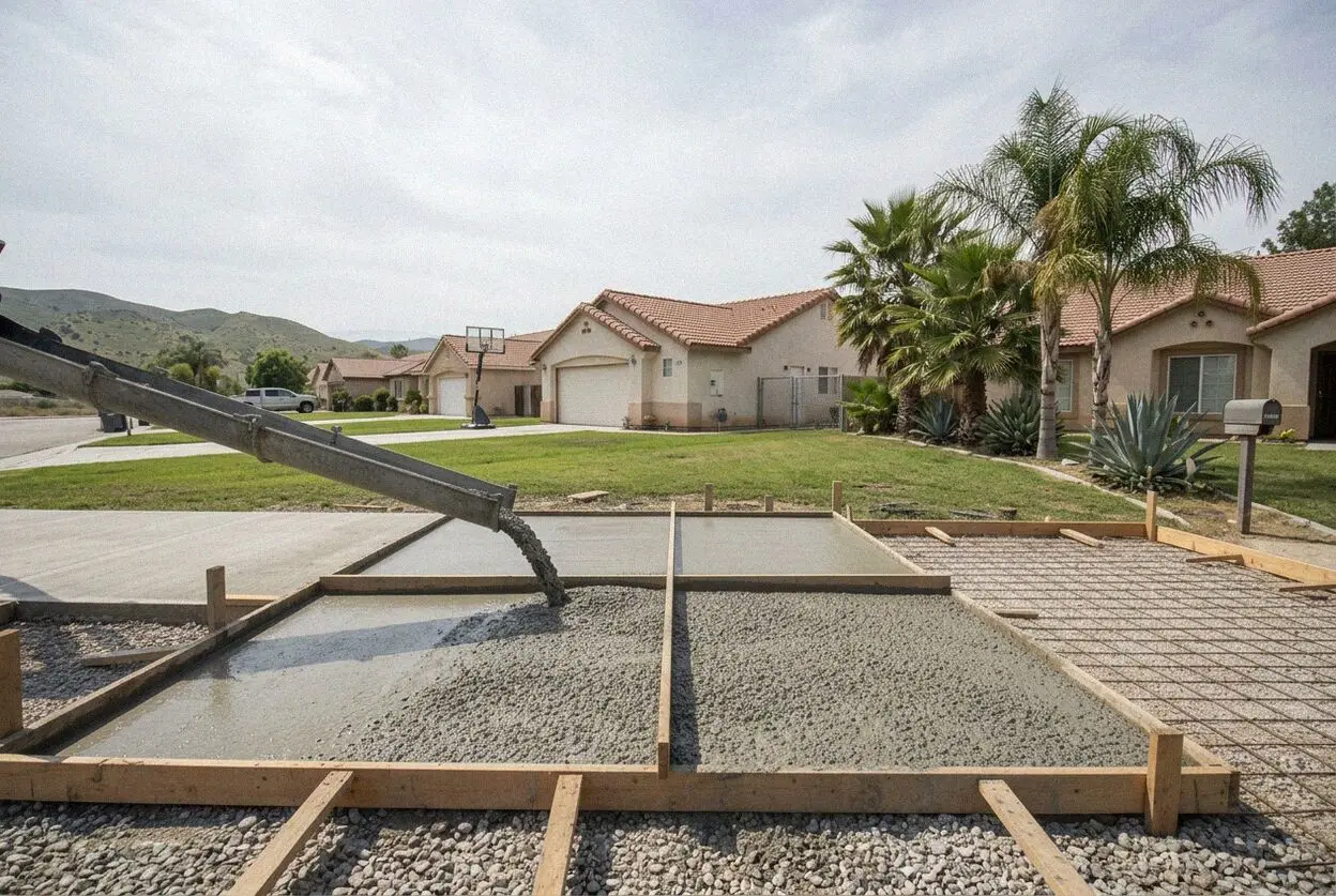 A newly poured concrete driveway at a single-story home in Perris