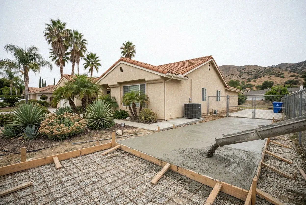 A finished concrete patio behind a 1970s house in San Dimas