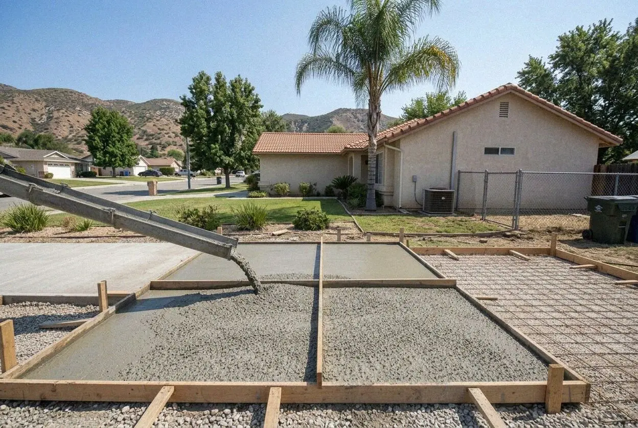 A poured concrete pad and steps at a hillside home in Temescal Valley