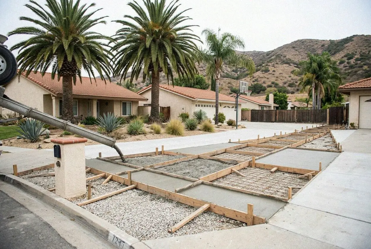 A concrete patio and steps behind a 1980s hillside home in Yorba Linda