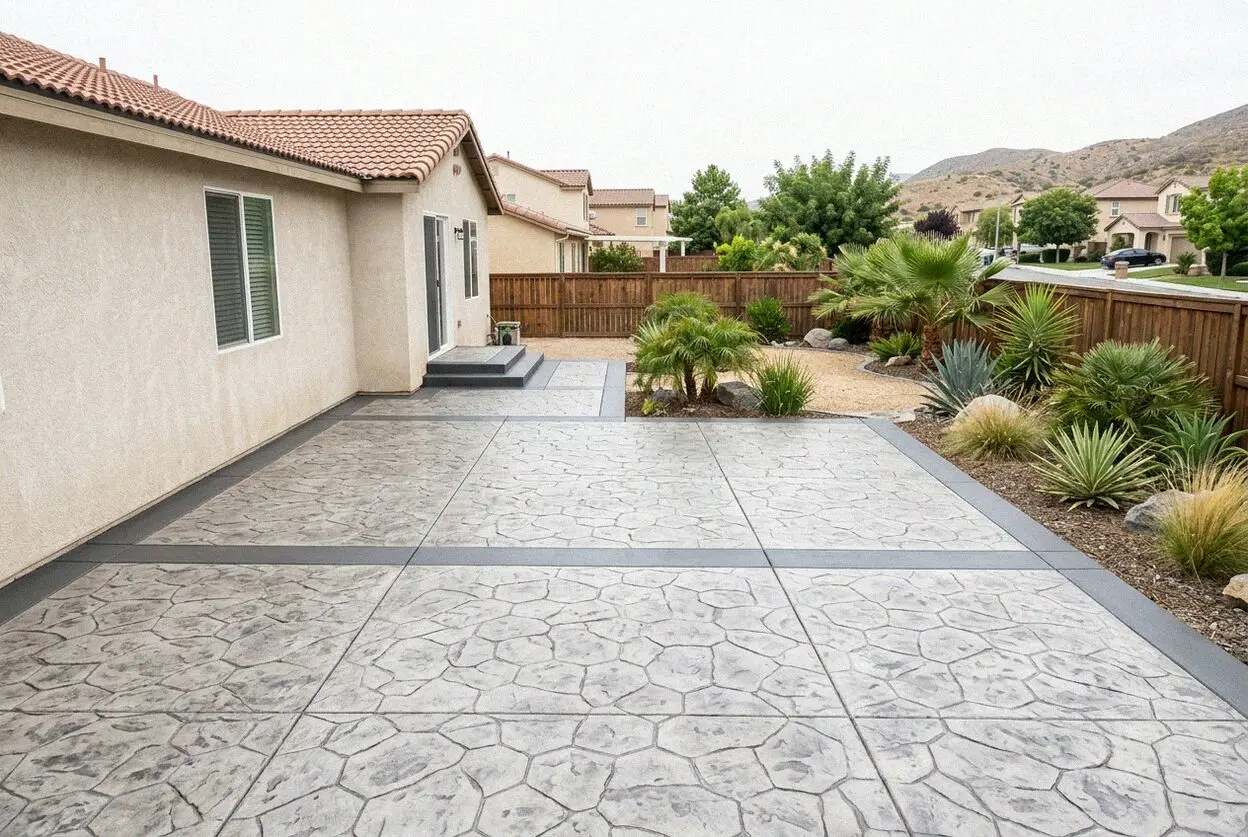 Stamped and colored concrete patio behind a Pedley house