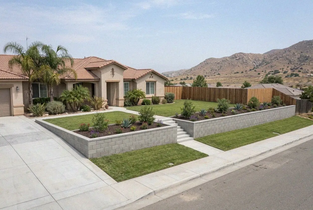 Poured concrete retaining wall holding a graded slope in Glen Avon