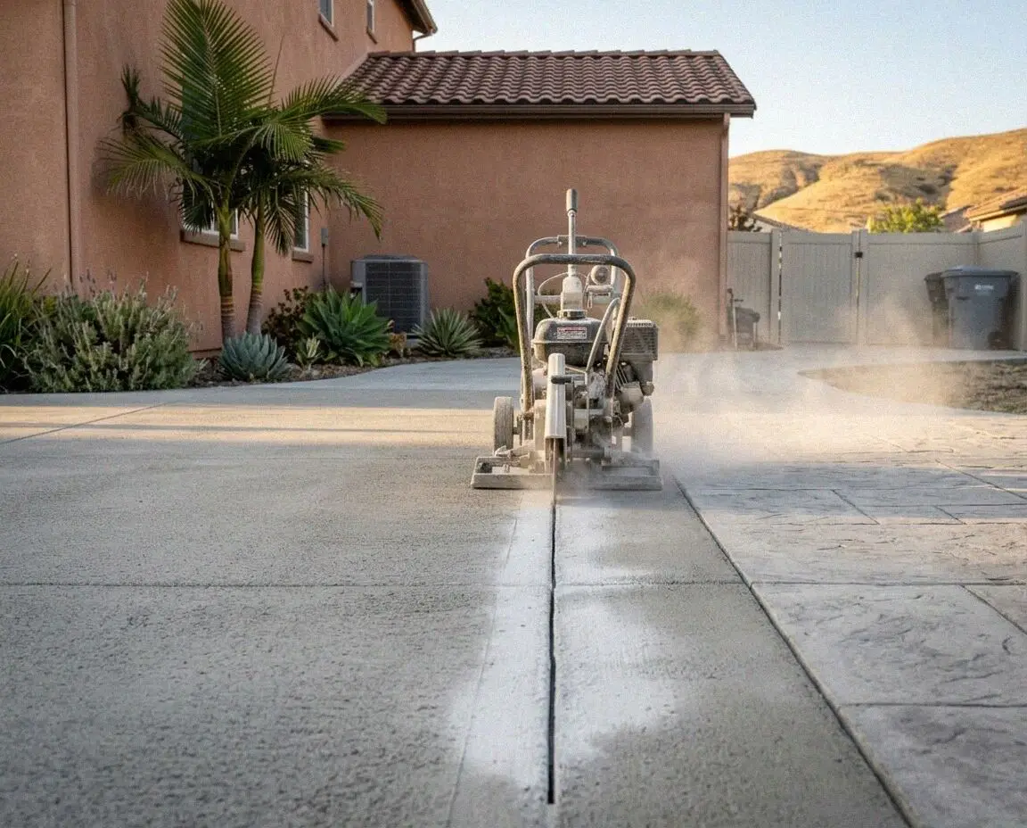 Walk-behind saw cutting a straight line across an existing concrete slab