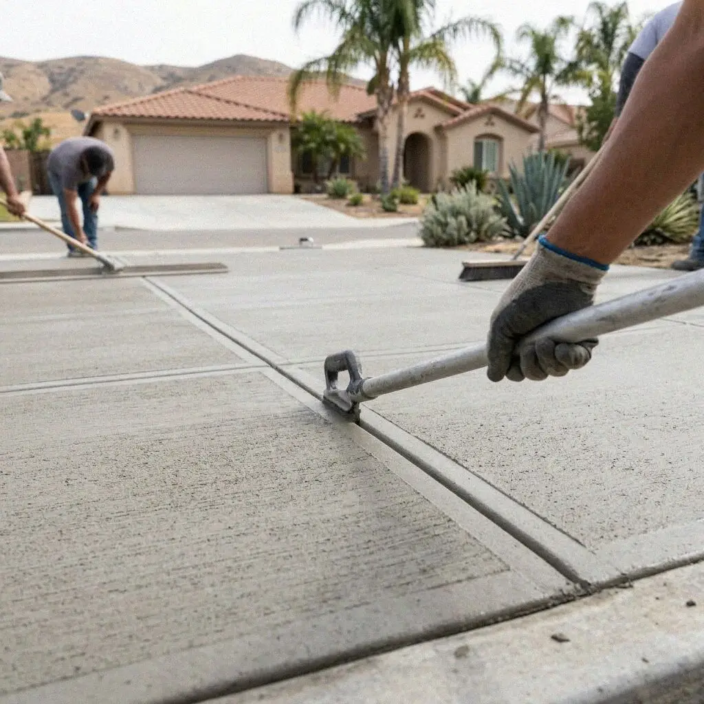 Hands tooling the formed edge of a fresh driveway slab in Jurupa Valley