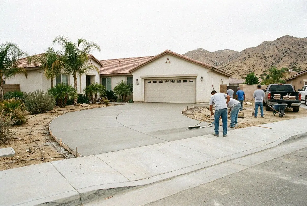 Long concrete driveway being poured at a Jurupa Valley, CA home