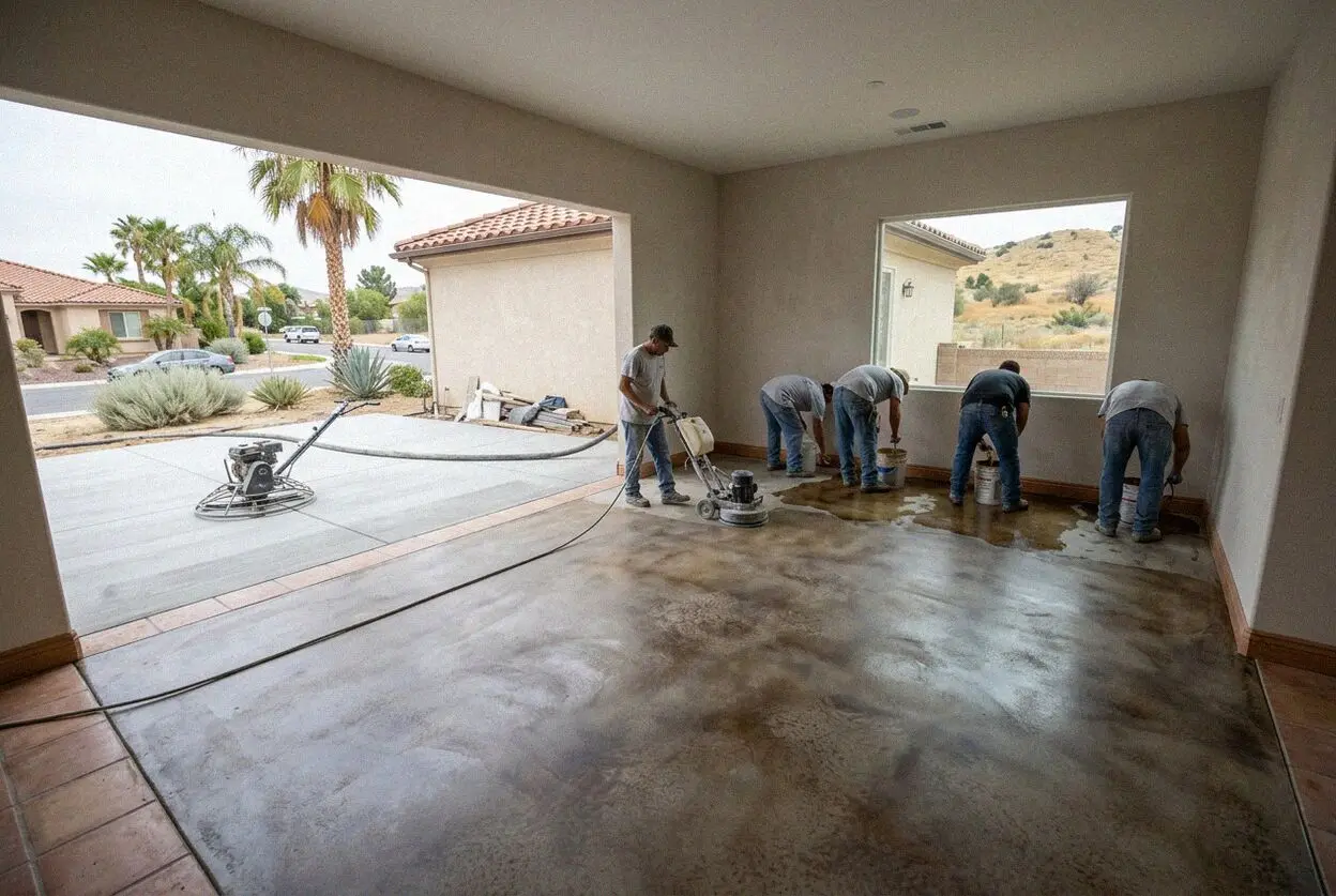 Interior concrete floor being power troweled inside a Jurupa Valley ADU