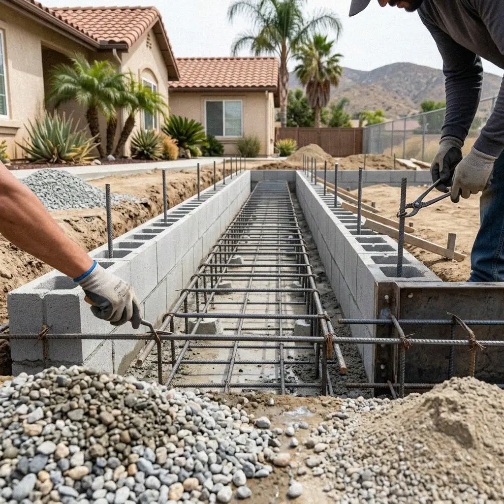 Rebar being tied on chairs in an open footing trench in Jurupa Valley
