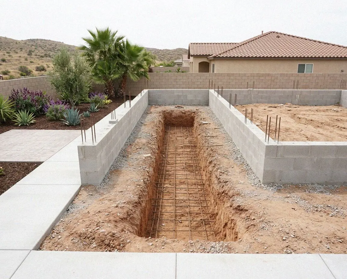 Poured concrete footing trench with tied rebar at a Jurupa Valley build