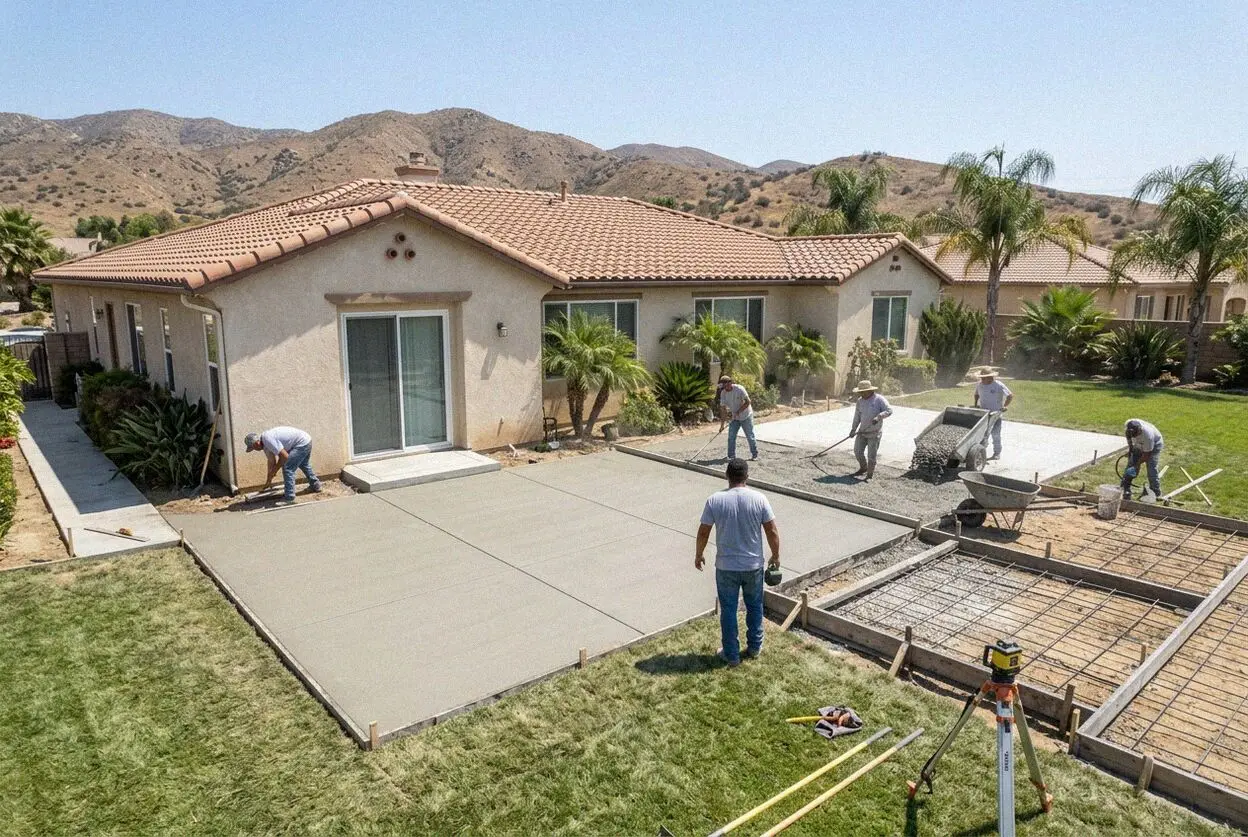 A broom-finished concrete patio behind a home in Jurupa Valley, CA