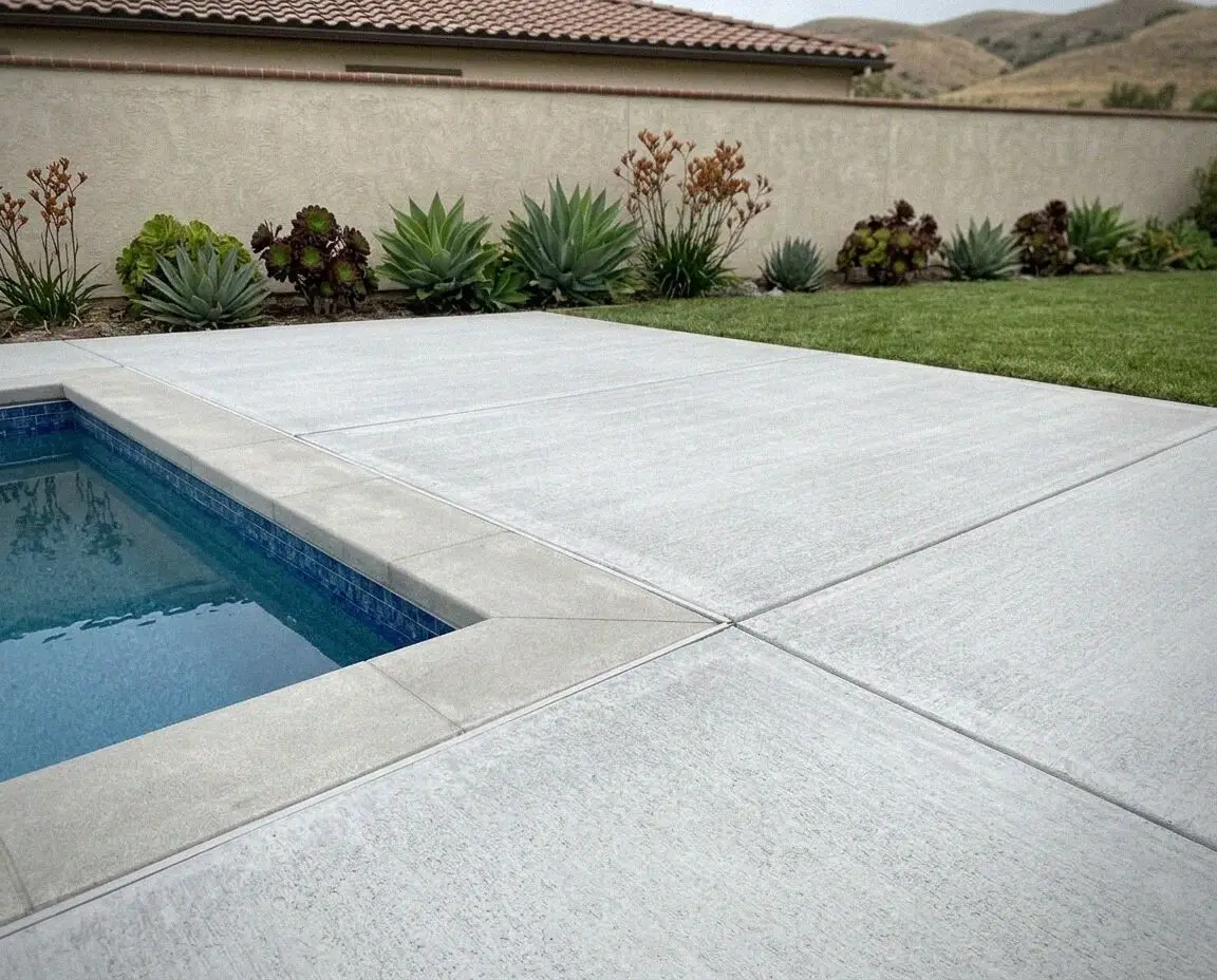 A wide pale concrete pool deck at a Jurupa Valley, CA home