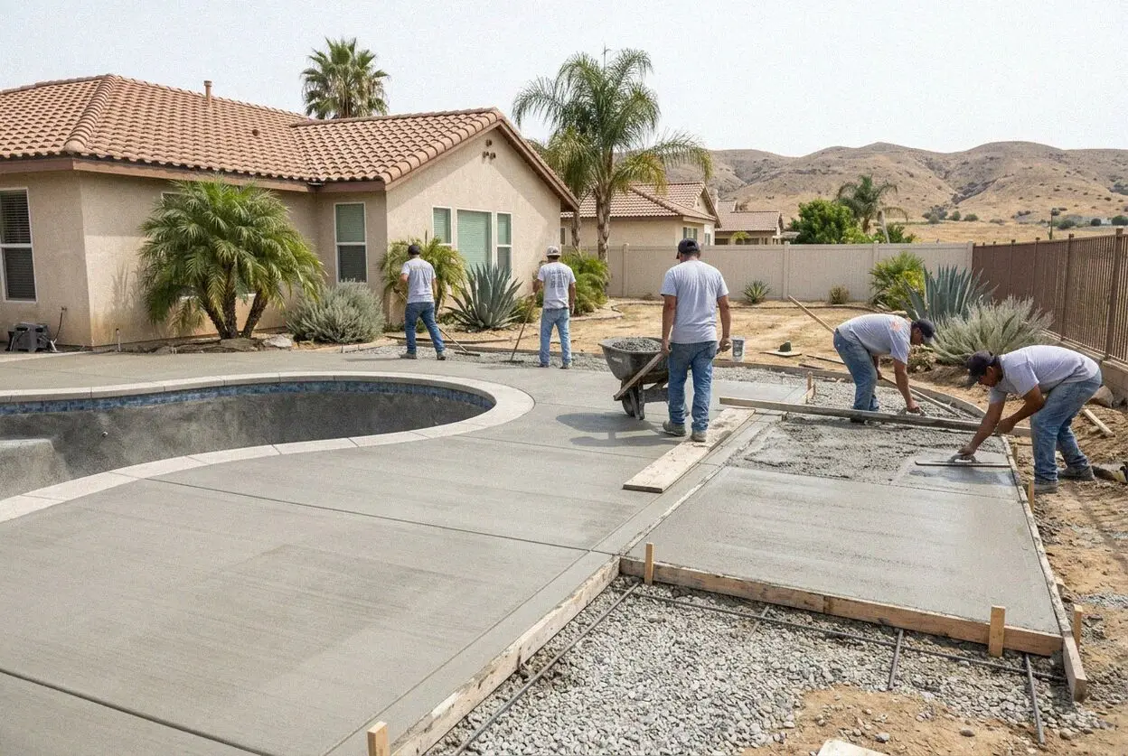 New pale broom-finish concrete deck beside a pool in Jurupa Valley, CA