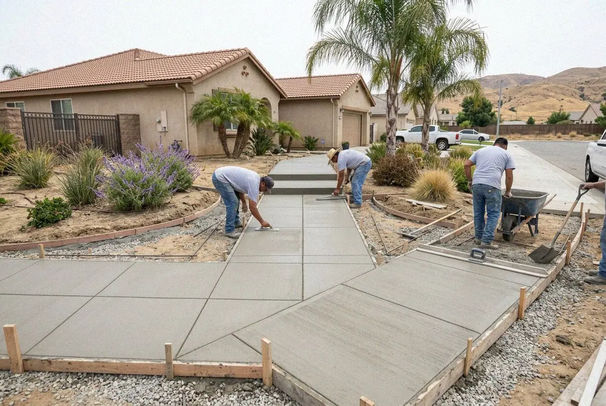 A new concrete sidewalk panel poured at a Jurupa Valley home