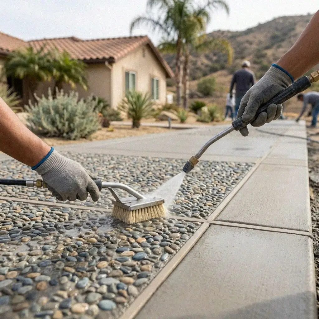 Crew washing back aggregate on a new concrete drive in Jurupa Valley