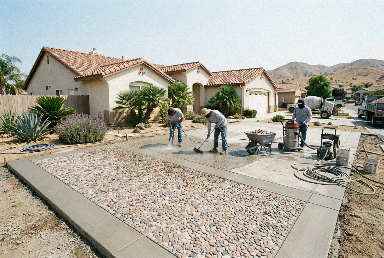 Washed aggregate concrete drive at a Rubidoux ranch home