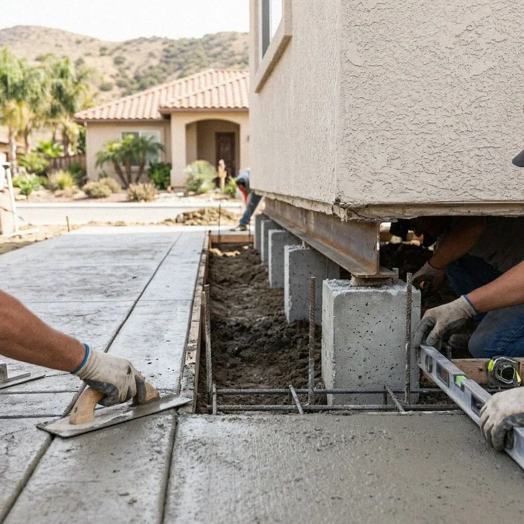 Crew running foam hoses to a settled slab in Jurupa Valley