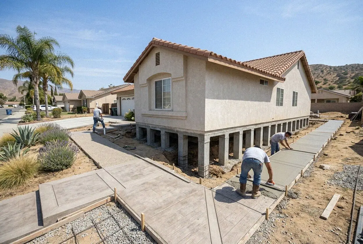 Injection ports drilled through a settled slab in Jurupa Valley