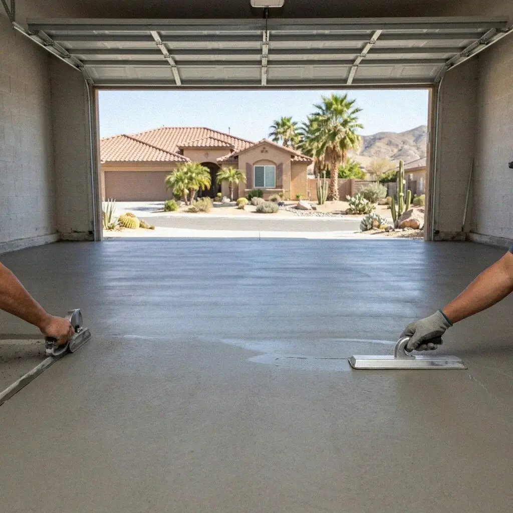 Hands power troweling a fresh garage floor slab in Jurupa Valley, CA
