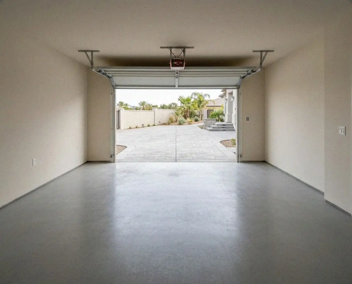 Finished concrete garage floor with sawn joints in Jurupa Valley, CA
