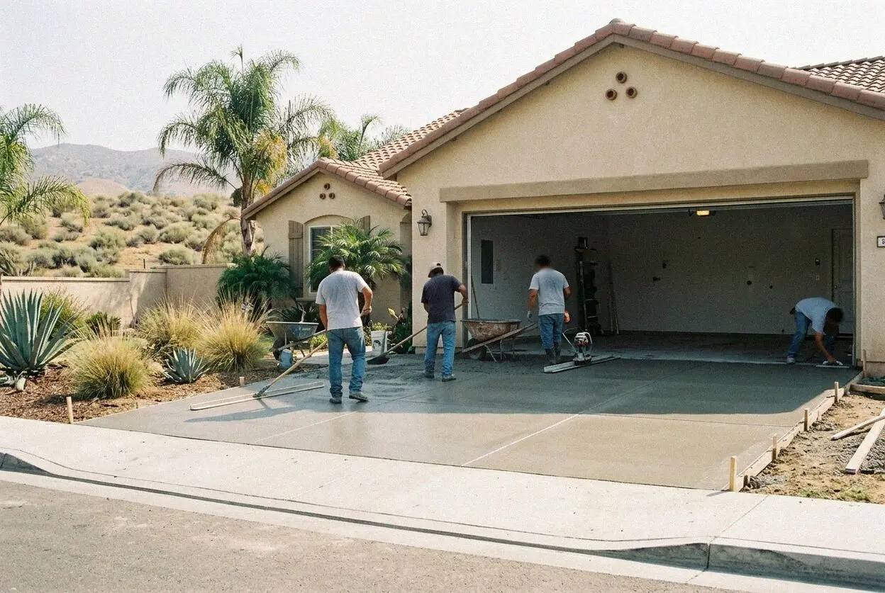 Crew placing a new concrete garage floor slab at a Jurupa Valley home