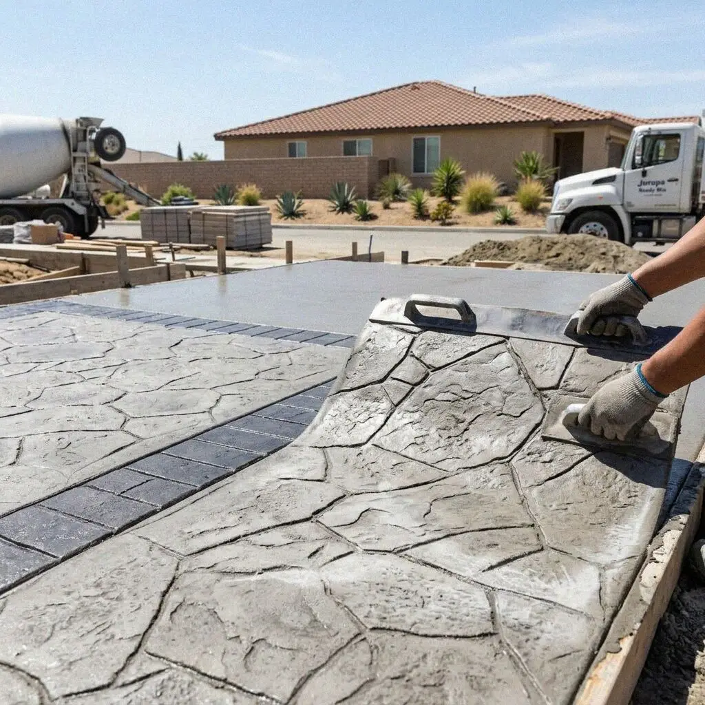 Hands working a pattern mat into wet concrete in Jurupa Valley