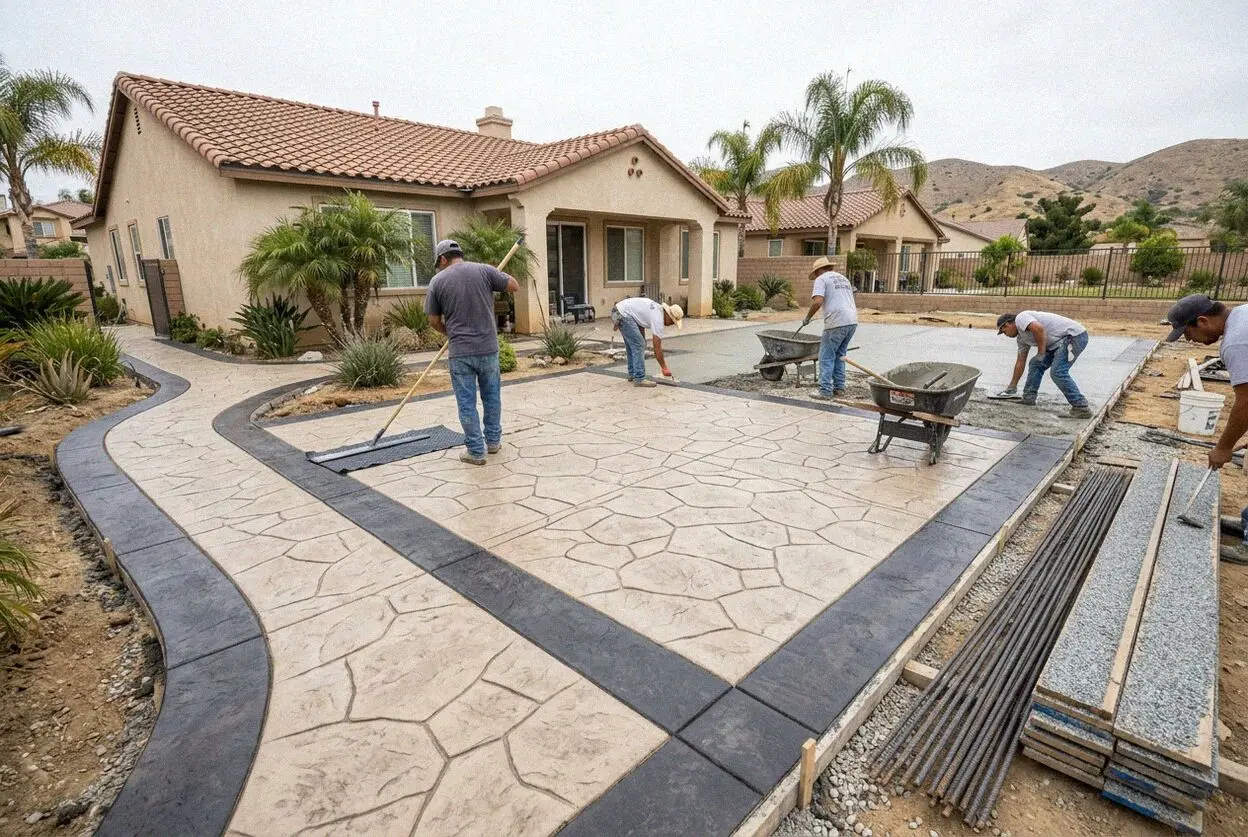 Crew pressing a slate pattern into a fresh slab at a Jurupa Valley home